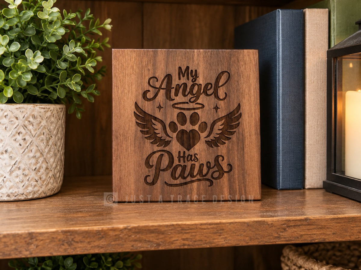 My Angel Has Paws, Dog & Cat Memorial Rainbow Bridge Mini Block Signs, Shelf Sitter Sign, 4"x4"x3/4"