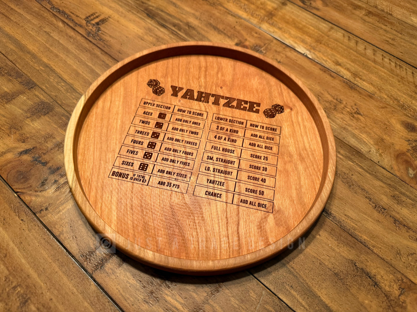 10" Yahtzee Dice Tray, Dice Game, Board Game, Cherry Hardwood Rolling Tray, Portable Game Tray, Scoring Guide, Family Game Night, Dice Tray