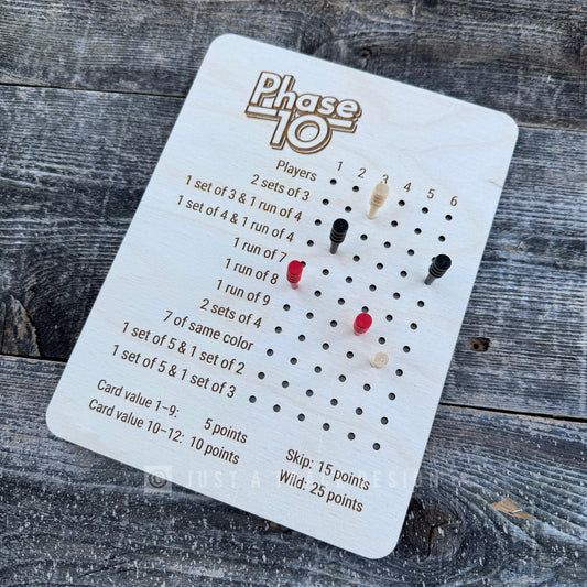 Wooden Phase 10 Score Card, Card Game, Board Game, Wooden Game Score Card, Portable Game Scoring Guide, Family Game Night