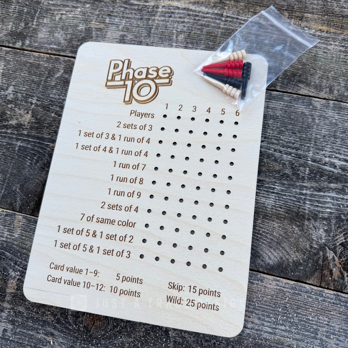 Wooden Phase 10 Score Card, Card Game, Board Game, Wooden Game Score Card, Portable Game Scoring Guide, Family Game Night