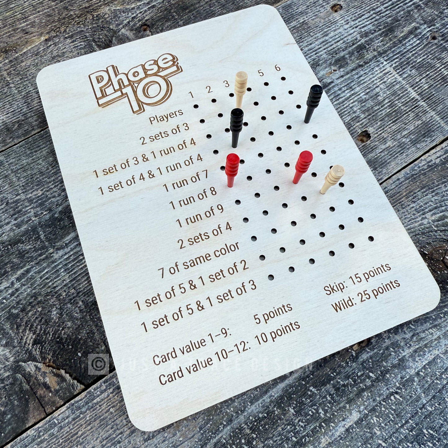 Wooden Phase 10 Score Card, Card Game, Board Game, Wooden Game Score Card, Portable Game Scoring Guide, Family Game Night
