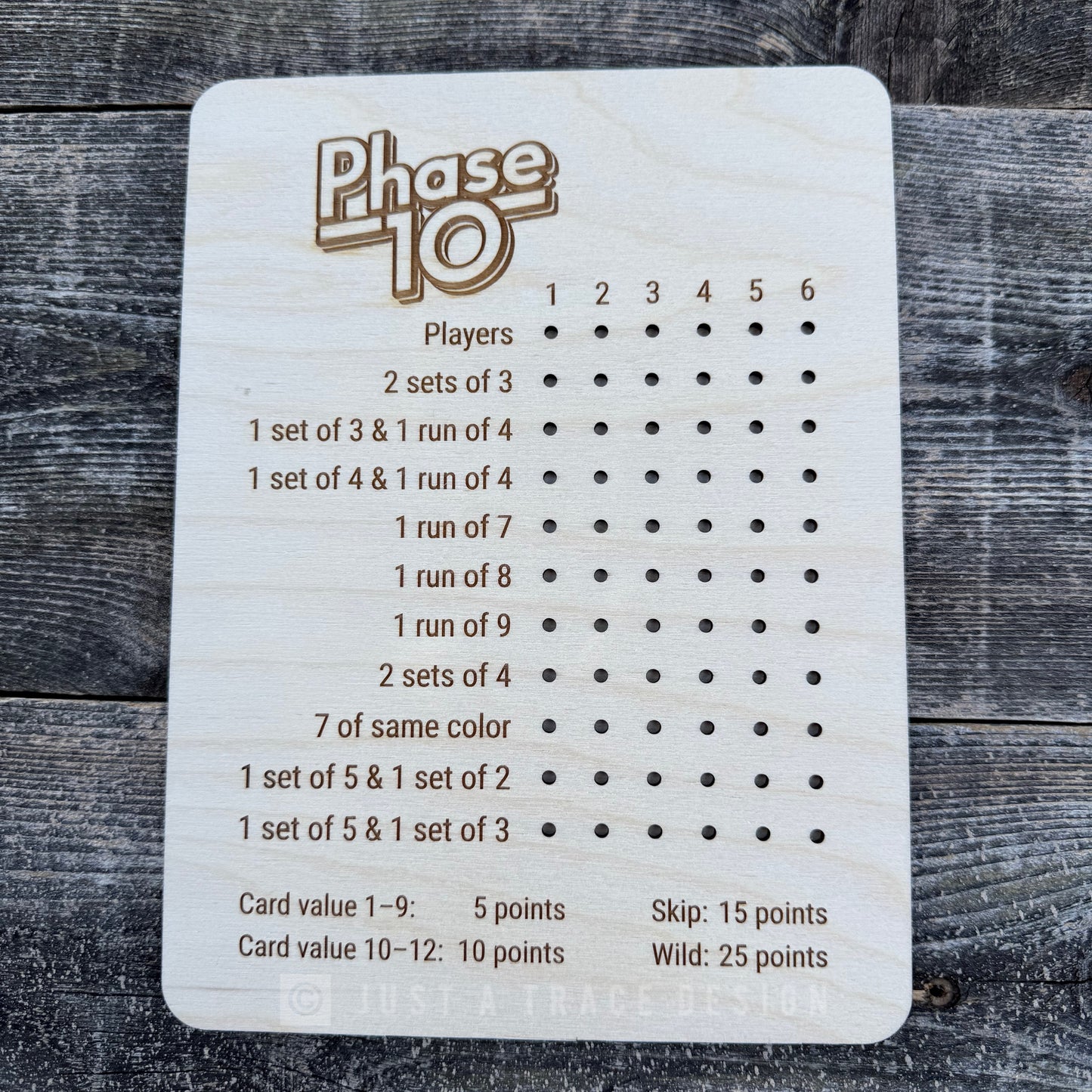 Wooden Phase 10 Score Card, Card Game, Board Game, Wooden Game Score Card, Portable Game Scoring Guide, Family Game Night
