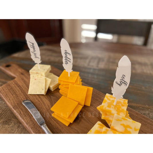 Set of 10 Cheese Markers, Feather or Cactus Pick, Grazing Board, Cheese Board, Serving Board, Charcuterie Board, Cheese Marker, Hostess Gift