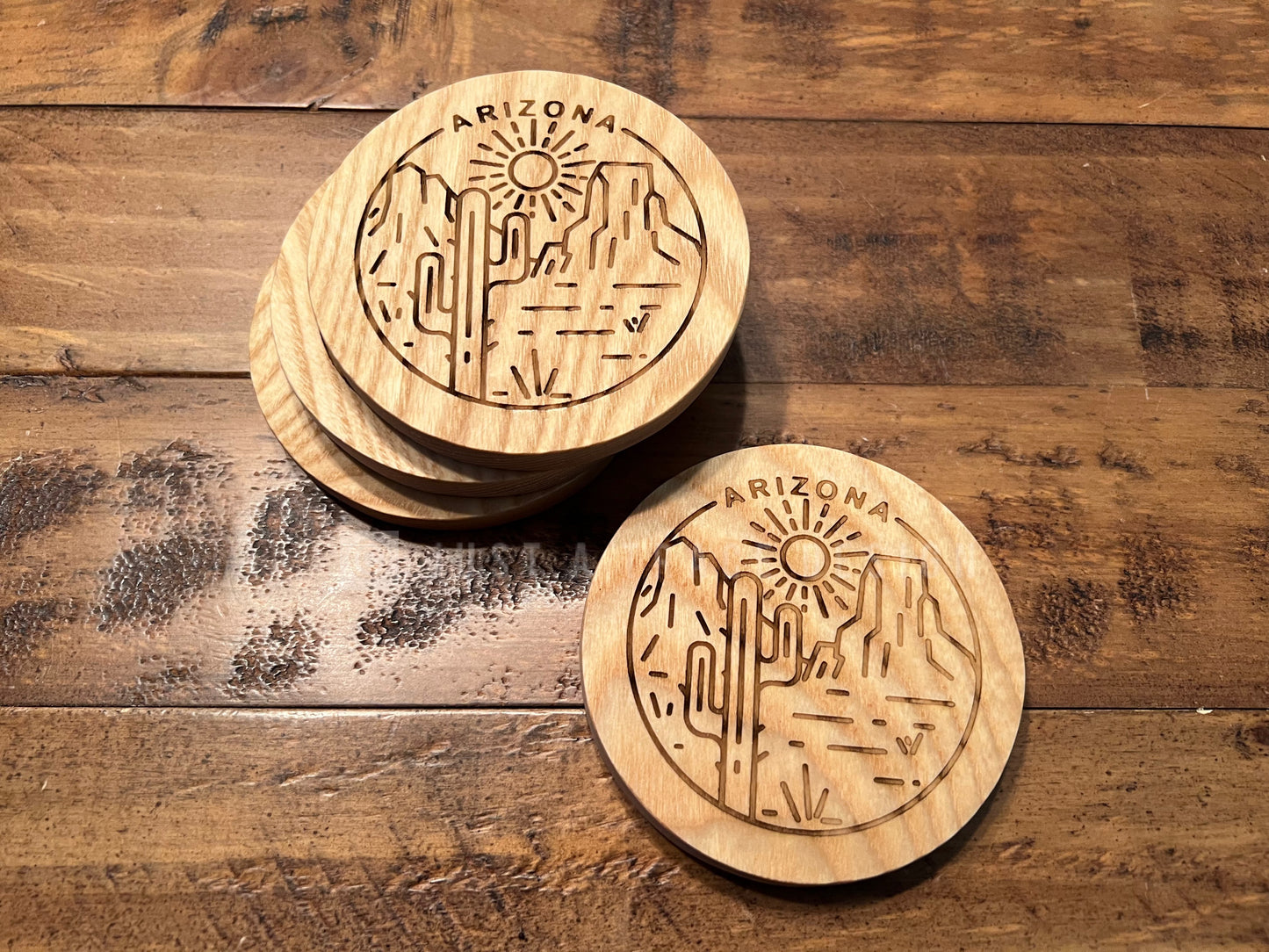 4 Round Wood Arizona Coasters With Cork Backing, Handmade Wood Coasters, Wood Drinkware, Wood Barware, Kitchen Decor, Arizona State Coaster