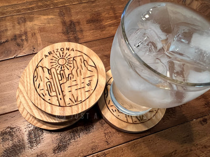 4 Round Wood Arizona Coasters With Cork Backing, Handmade Wood Coasters, Wood Drinkware, Wood Barware, Kitchen Decor, Arizona State Coaster