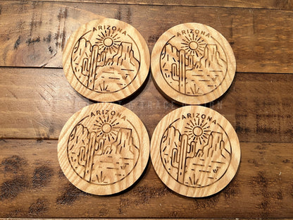 4 Round Wood Arizona Coasters With Cork Backing, Handmade Wood Coasters, Wood Drinkware, Wood Barware, Kitchen Decor, Arizona State Coaster