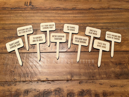 Set of 10 Wooden Punny Funny Cheese Markers, Grazing Board, Cheese Board, Serving Board, Charcuterie Board, Wood Cheese Picks,  Food Marker