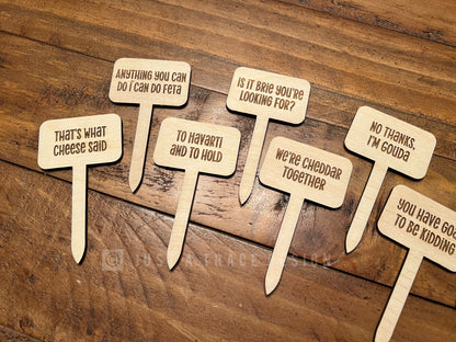 Set of 10 Wooden Punny Funny Cheese Markers, Grazing Board, Cheese Board, Serving Board, Charcuterie Board, Wood Cheese Picks,  Food Marker