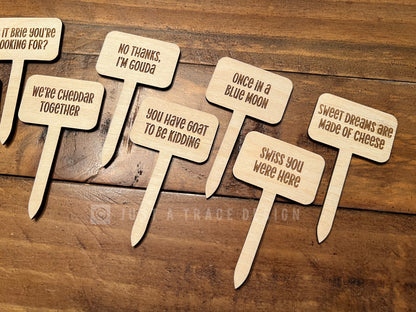 Set of 10 Wooden Punny Funny Cheese Markers, Grazing Board, Cheese Board, Serving Board, Charcuterie Board, Wood Cheese Picks,  Food Marker