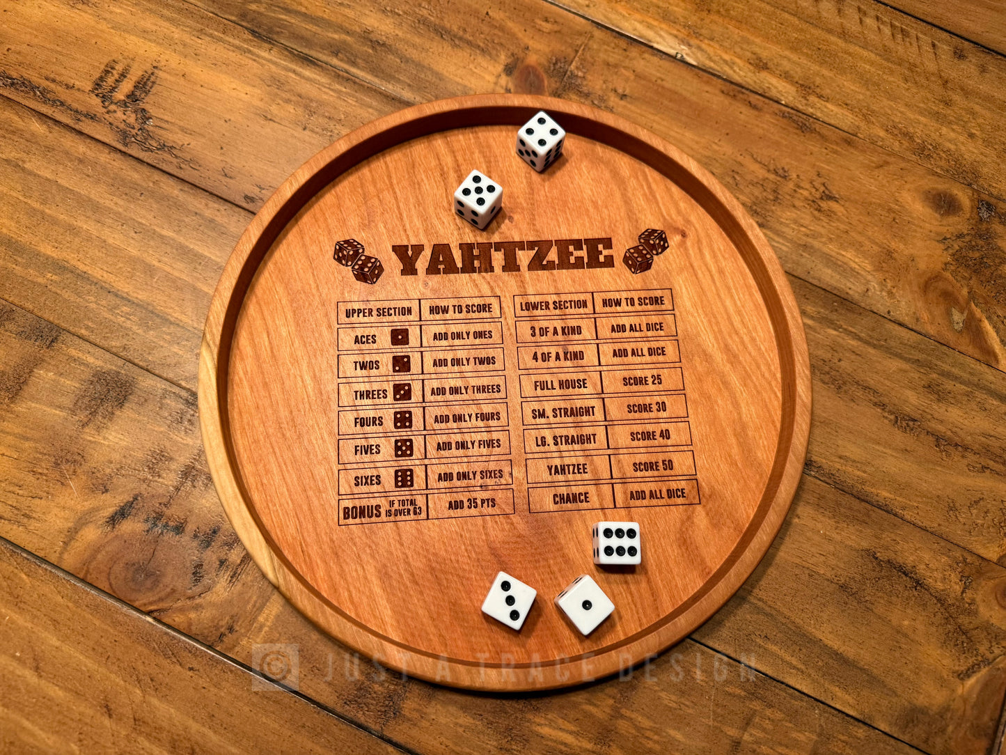 10" Yahtzee Dice Tray, Dice Game, Board Game, Cherry Hardwood Rolling Tray, Portable Game Tray, Scoring Guide, Family Game Night, Dice Tray