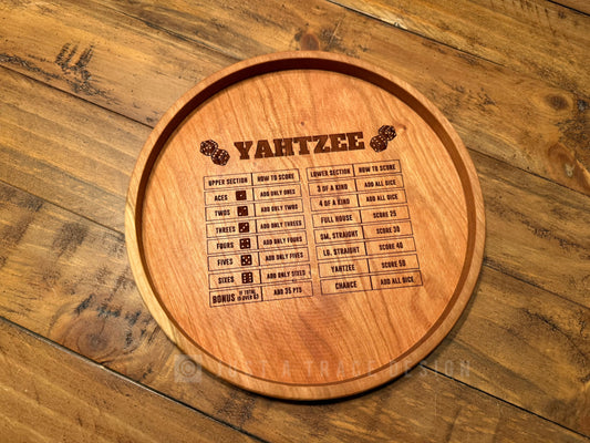 10" Yahtzee Dice Tray, Dice Game, Board Game, Cherry Hardwood Rolling Tray, Portable Game Tray, Scoring Guide, Family Game Night, Dice Tray