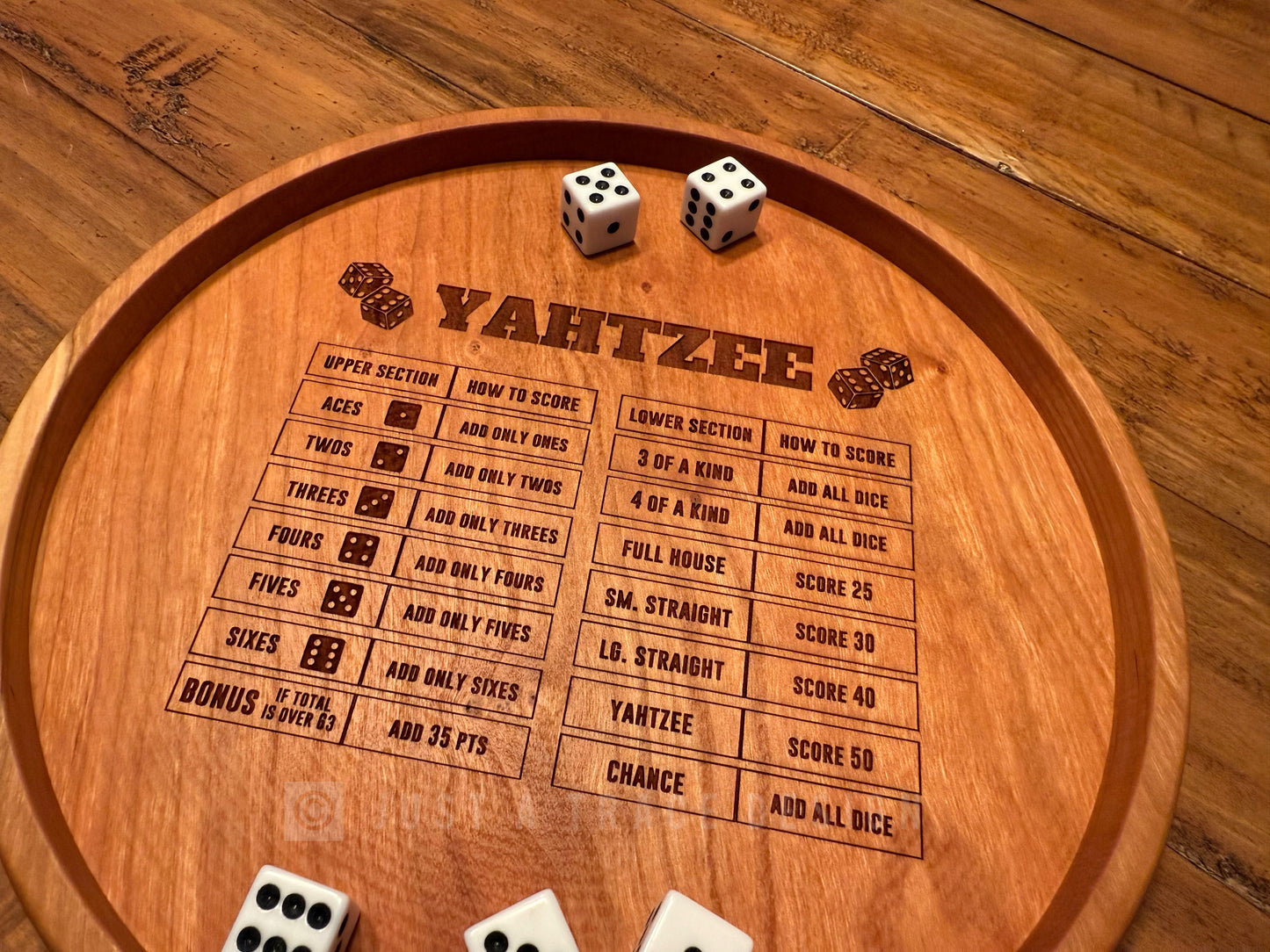 10" Yahtzee Dice Tray, Dice Game, Board Game, Cherry Hardwood Rolling Tray, Portable Game Tray, Scoring Guide, Family Game Night, Dice Tray