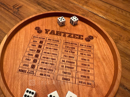 10" Yahtzee Dice Tray, Dice Game, Board Game, Cherry Hardwood Rolling Tray, Portable Game Tray, Scoring Guide, Family Game Night, Dice Tray